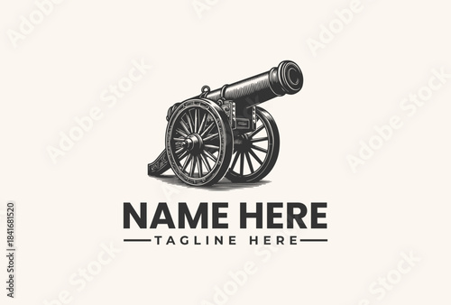 A vector illustration of a historic cannon with placeholder text for a logo, featuring a bold design on a beige background.