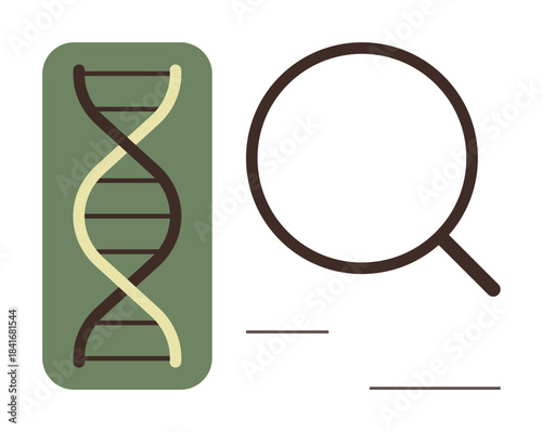 DNA strand with a green background next to a magnifying glass, symbolizing genetic study, scientific discovery, research, analysis, biology, medical advancements, innovation. Ideal for science