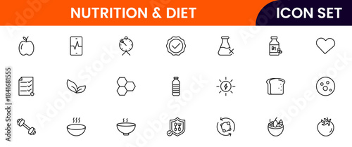 Nutrition and Diet, Healthy Food, and Detox Diet Vector Icons. Contains such Icons as Metabolism, Caunt Calories, Palm oil free, Zero trans fat, Probiotics, and more. Simple Outline icons collection.