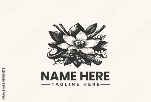 Black and white vector illustration of a floral logo with leaves and text placeholder on a beige background.