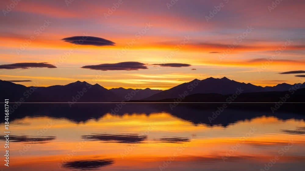 Fototapeta premium Dramatic sunset colors reflecting on still water and mountains