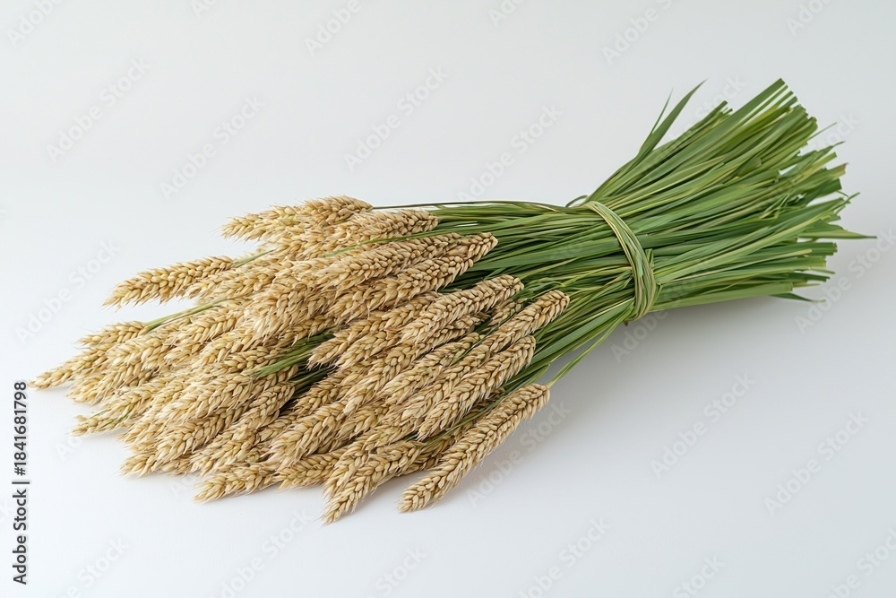 Fototapeta premium Bundled bunch of golden seed heads and green grassy stalks tied with thin green string