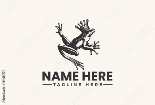 A black vector illustration of a frog jumping above placeholder text on a beige background, with a simple logo design.