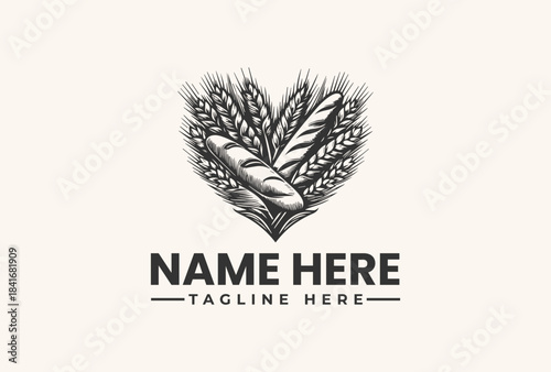 Black and white illustration of a wheat sheaf logo with a customizable name and tagline on a beige background.