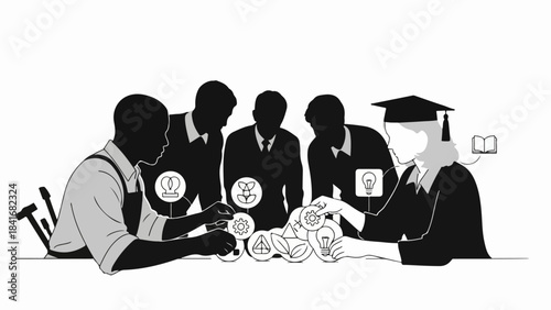 Individuals attend education business meeting, professionals and graduate exchange ideas at table. Icons represent concepts, fostering innovation during education business meeting.