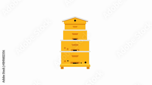 Yellow stacked beehives, flat style illustration featuring wooden boxes and small bee entrance holes. Apiary design with solid color fills, no gradients, creating a clean flat style illustration.