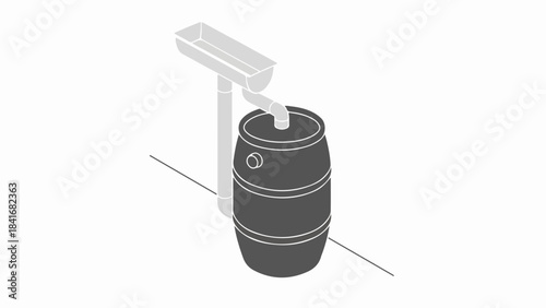 Flat style illustration shows rain barrel, gutter collects rainwater. Simple flat style illustration emphasizes water conservation, sustainable resource management.