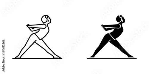 Yoga pose icon set warrior two variation with arms extended back, outline and silhouette styles
