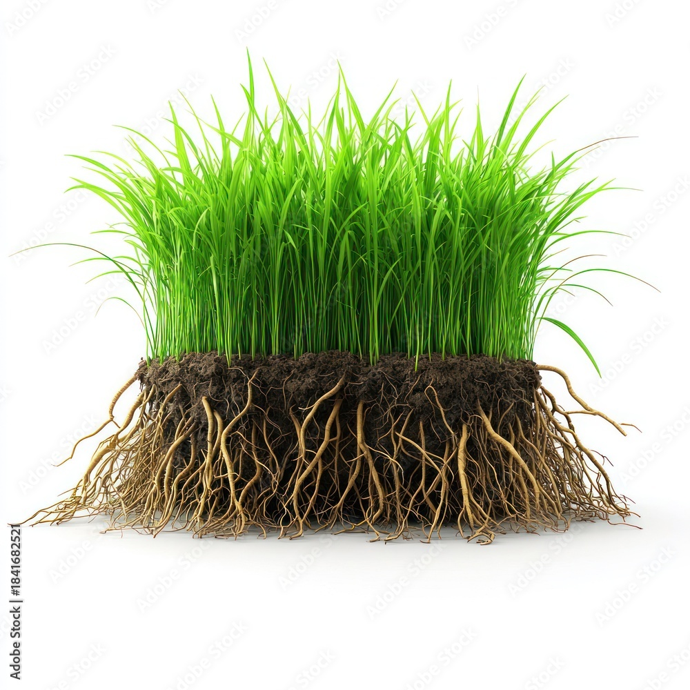Fototapeta premium Clump of bright green grass with visible roots and soil on white