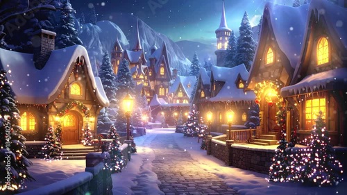 Animated Lo Fi Christmas Background. Snowy Village, Magical and Fantasy atmosphere. Loop. Copy Space. Generative AI