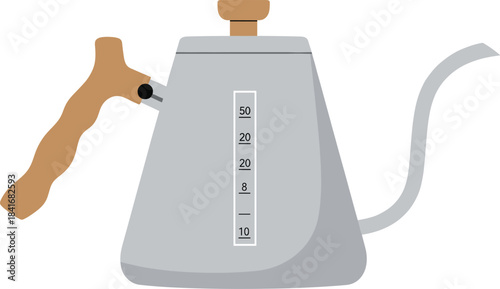 Modern gooseneck kettle illustration with wooden handle and measurement scale, perfect for coffee brewing, kitchen tools, and barista design themes