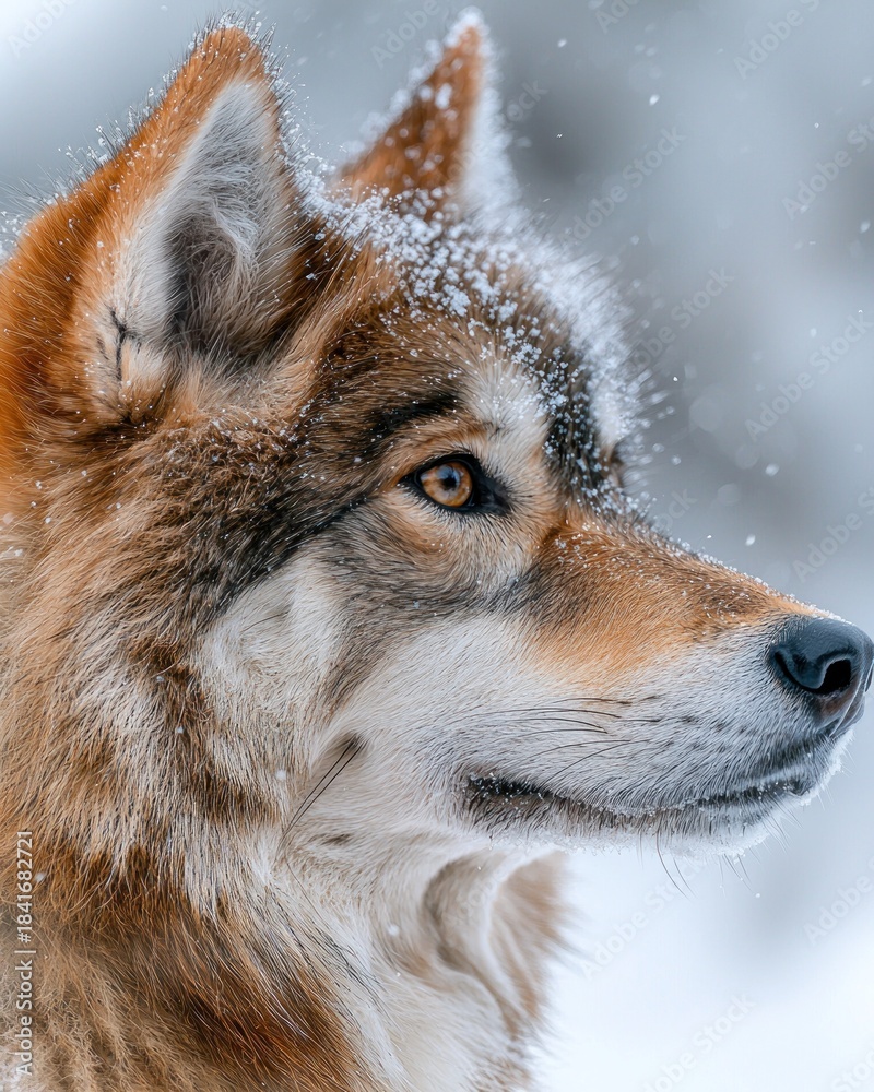 Fototapeta premium Close-up portrait of a golden wolf in winter snow