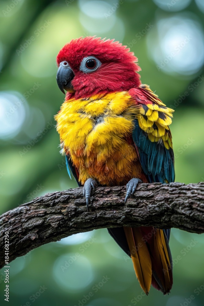 Obraz premium Colorful parrot sits perched on branch, green foliage blurred in soft background