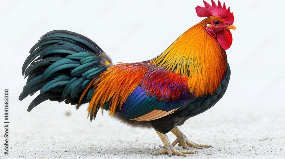 Fototapeta premium Colorful rooster stands sideways, white backdrop, vibrant plumage detail