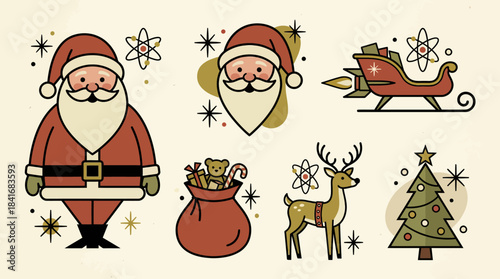 Retro Christmas illustrations featuring Santa Claus, a futuristic sleigh, reindeer, a toy sack, and a decorated Christmas tree with atomic symbols.