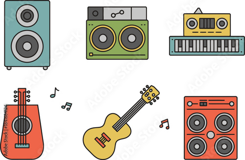 Colorful Music Instruments and Speakers on White Background