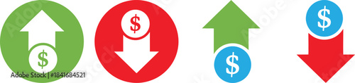 Dollar Up Down Icon Set Understanding energy cost fluctuations up and down with dollar coin Money increase or decrease icon set. dollar decrease increase symbol. profit and lose icons with arrow 