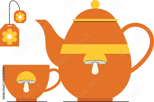 Bright orange teapot and teacup illustration with decorative elements and teabag, perfect for tea branding, kitchen decor, and cozy artwork