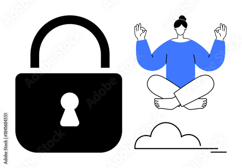 Digital well-being, cybersecurity, self-care, mindfulness, mental health, data protection. A secured lock and a meditating person above a cloud. Cybersecurity and mindfulness connection concept
