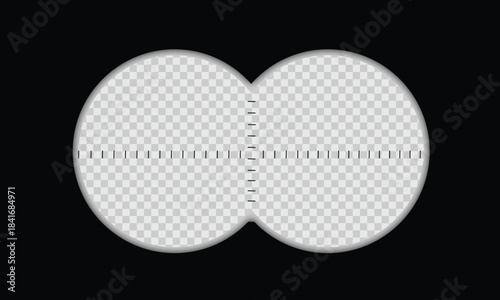 Binocular view with graphic scale and empty viewfinder field. Military, spy, hunting or tourist optical tool for following, magnifying, exploration, searching, investigation. Vector illustration.