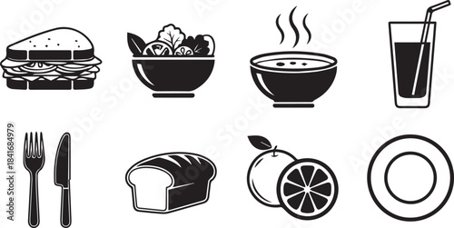 Versatile black and white vector icons showcasing a delicious assortment of food and dining essentials