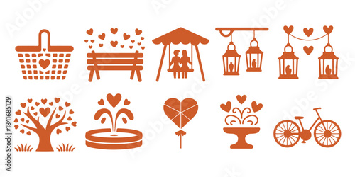 Romantic Park Icon Set in Orange Line Style