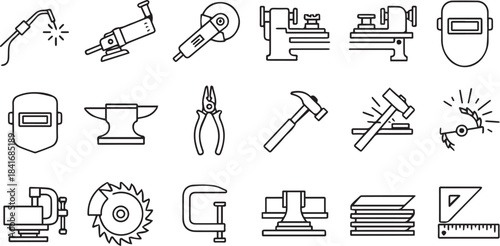 Detailed Line Art Icons Illustrating Essential Metalworking and Woodworking Workshop Tools and Equipment Collection