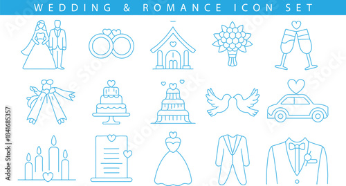 Wedding and Romance Icon Set in Blue Line Style