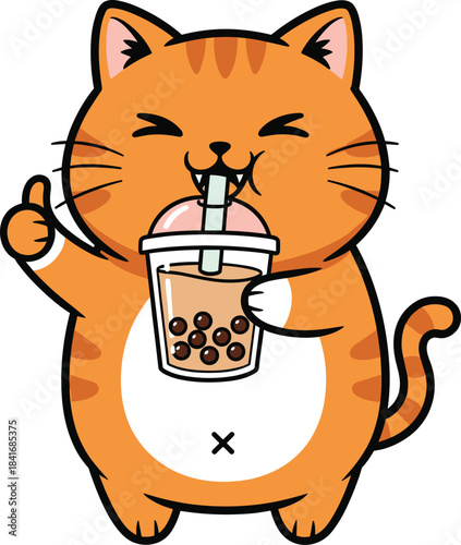 Cute cartoon cat happily drinking bubble tea illustration, perfect for kawaii designs, stickers, merchandise, character art, and playful branding
