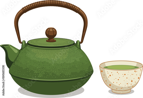 Green cast iron teapot with matching teacup illustration, perfect for tea ceremony designs, kitchen decor, matcha themes, and cultural artwork