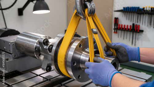 Hands in protective gloves securing yellow lifting straps on a heavy cylindrical metal part with a flange in a workshop, highlighting safe handling, precision