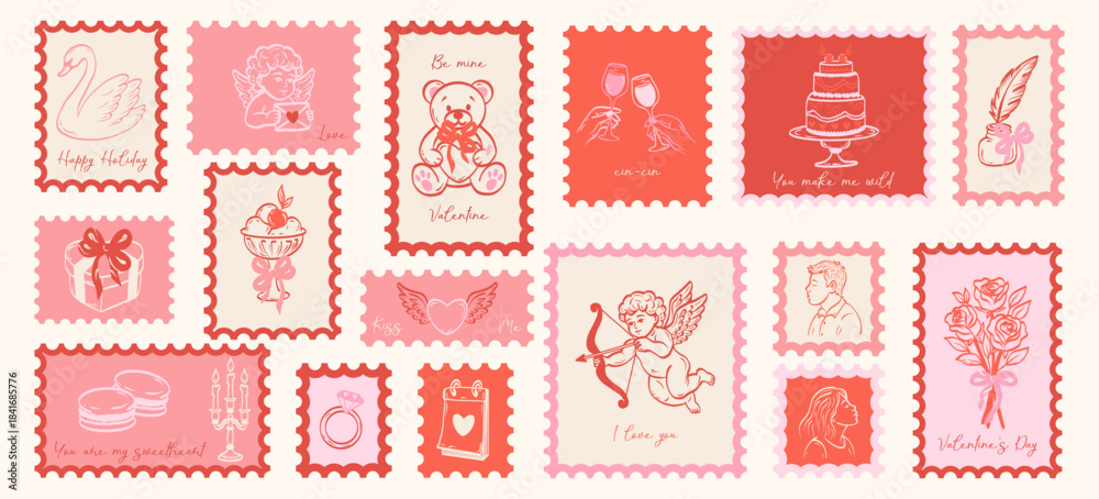 Fototapeta premium Vintage set hand drawn Valentine day stickers and postmark. Holiday romantic stamps. Cute girly bows,hearts, ribbons, champagne, strawberry. Vector. 