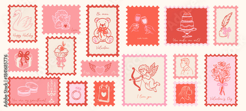 Vintage set hand drawn Valentine day stickers and postmark. Holiday romantic stamps. Cute girly bows,hearts, ribbons, champagne, strawberry. Vector.
