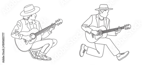 Guitar Player Line Art in Squatting and Kneeling Poses