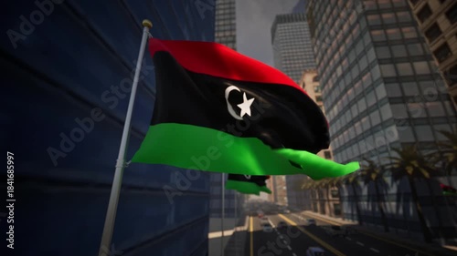 Libyan national flag waving along a modern city street under clear daylight, surrounded by buildings, palm trees and light traffic within an urban environment.
