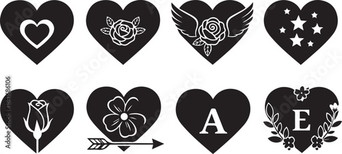 Collection of black heart shaped tattoo designs with various symbolic illustrations