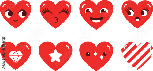 Collection of cute red heart characters with various playful and expressive faces