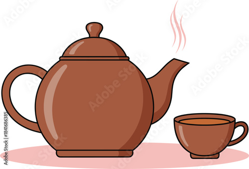 Warm brown teapot and teacup illustration with steam, perfect for tea branding, cozy designs, kitchen decor, and beverage artwork