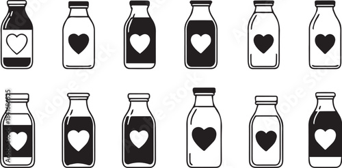 Collection of hand drawn bottles with heart shaped labels in black and white