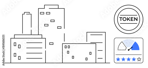 Real estate concept. Real estate buildings with token usage and rating system. Real estate with modern evaluation icons and infrastructure metrics. For property tech, real estate apps, investments