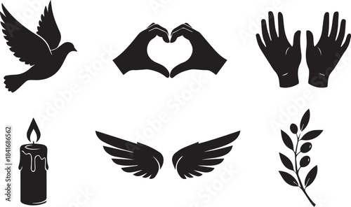 Black silhouette set featuring dove wings hands heart candle and botanical elements