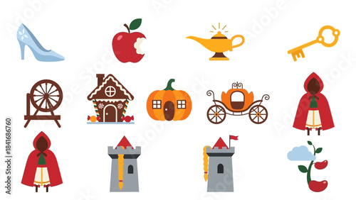 Illustrated fairy tale objects glass slipper apple lamp key castle elements