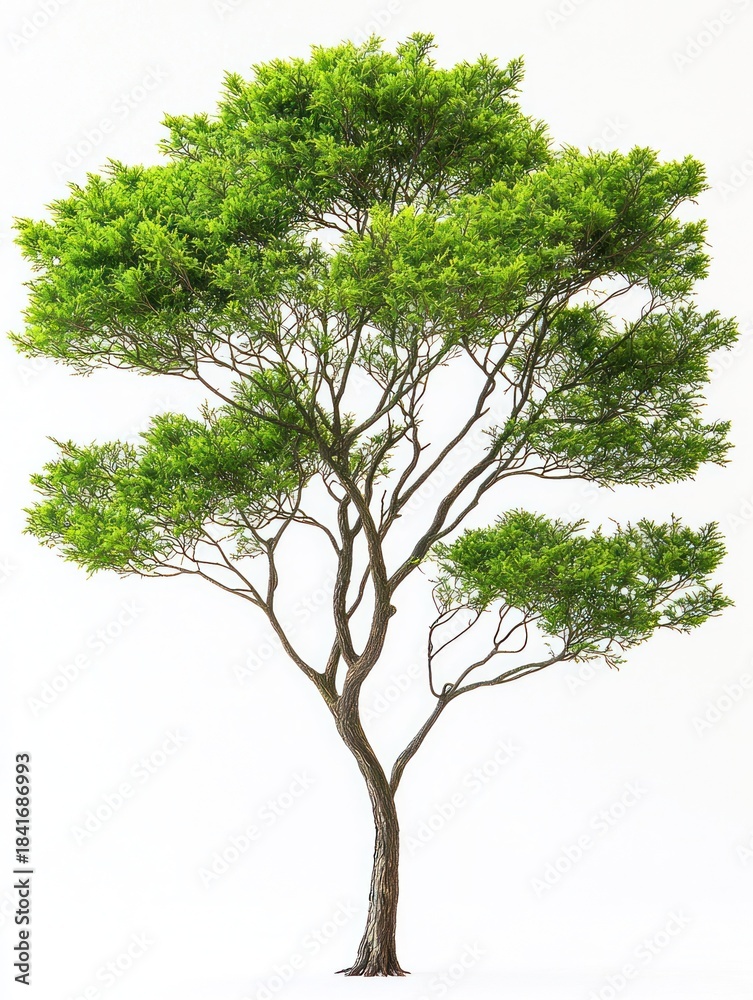 Fototapeta premium Lush, green tree with full foliage and branching limbs against a clean, white background