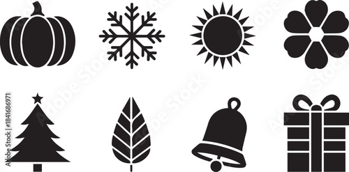 Diverse collection of monochrome vector icons illustrating seasonal, nature, and holiday symbols with minimalist design
