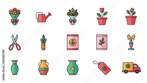 Floral and gardening icons vector illustrations of flowers tools and delivery