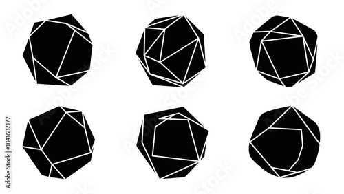 Geometric black shapes arranged on white background in various perspectives