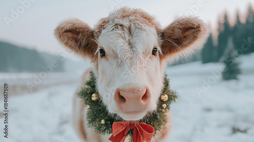 Adorable Calf Portrait in Snow with Holiday Wreath and Red Bow