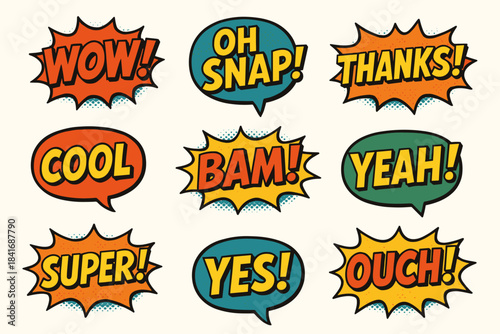 Comic phrases created in vibrant retro pop art style. Features wow, ohsnap, thanks, cool, bam, yeah, super, yes, and ouch bursts with bold outlines