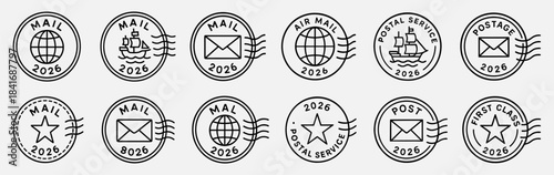 Postal stamp set with mail themed icons. Each stamp shows clean line work with classic postmark elements