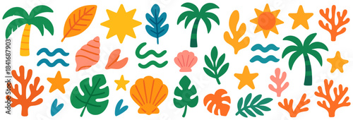 Tropical elements with palms, shells and leaves. Bright shapes create warm beach feeling